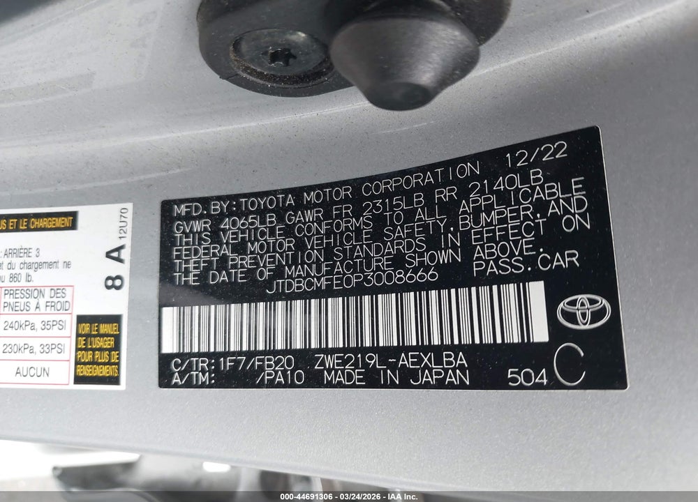 2023 TOYOTA COROLLA HYBRID LE VIN: JTDBCMFE0P3008666