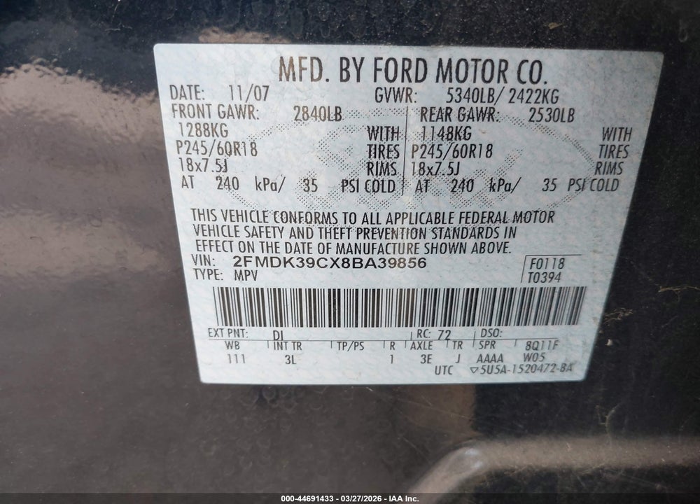 2008 FORD EDGE LIMITED VIN: 2FMDK39CX8BA39856
