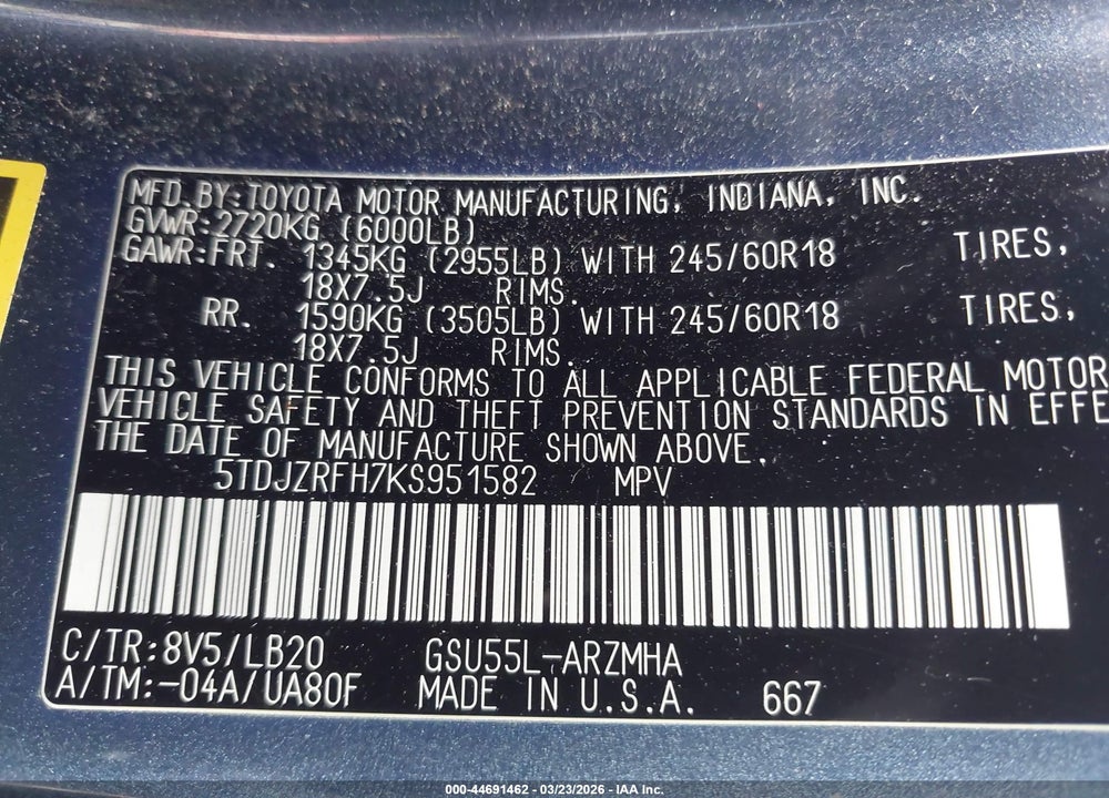 2019 TOYOTA HIGHLANDER XLE VIN: 5TDJZRFH7KS951582