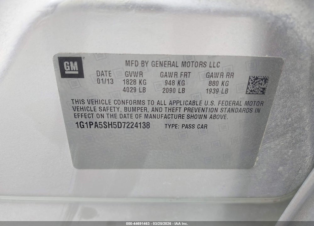 2013 CHEVROLET CRUZE LS AUTO VIN: 1G1PA5SH5D7224138