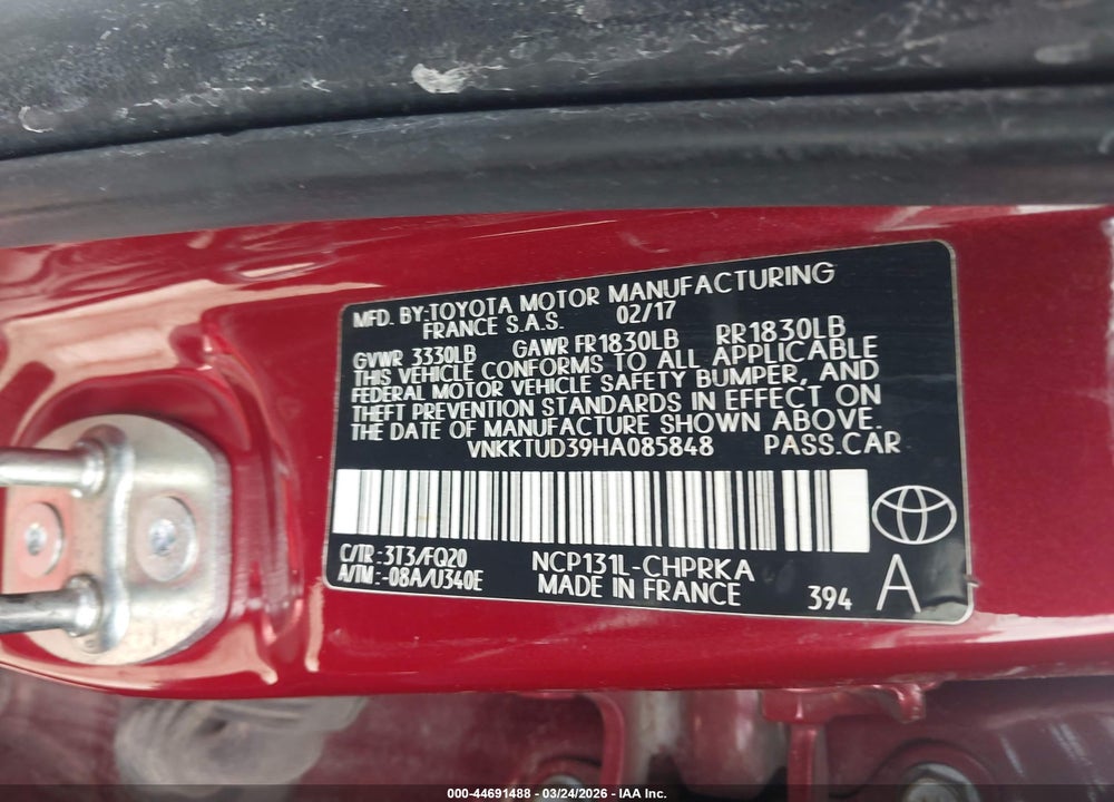 2017 TOYOTA YARIS L VIN: VNKKTUD39HA085848