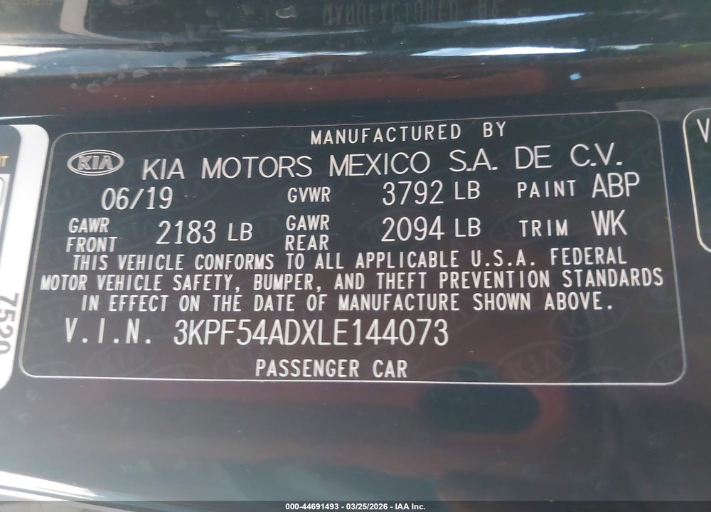 2020 KIA FORTE EX VIN: 3KPF54ADXLE144073
