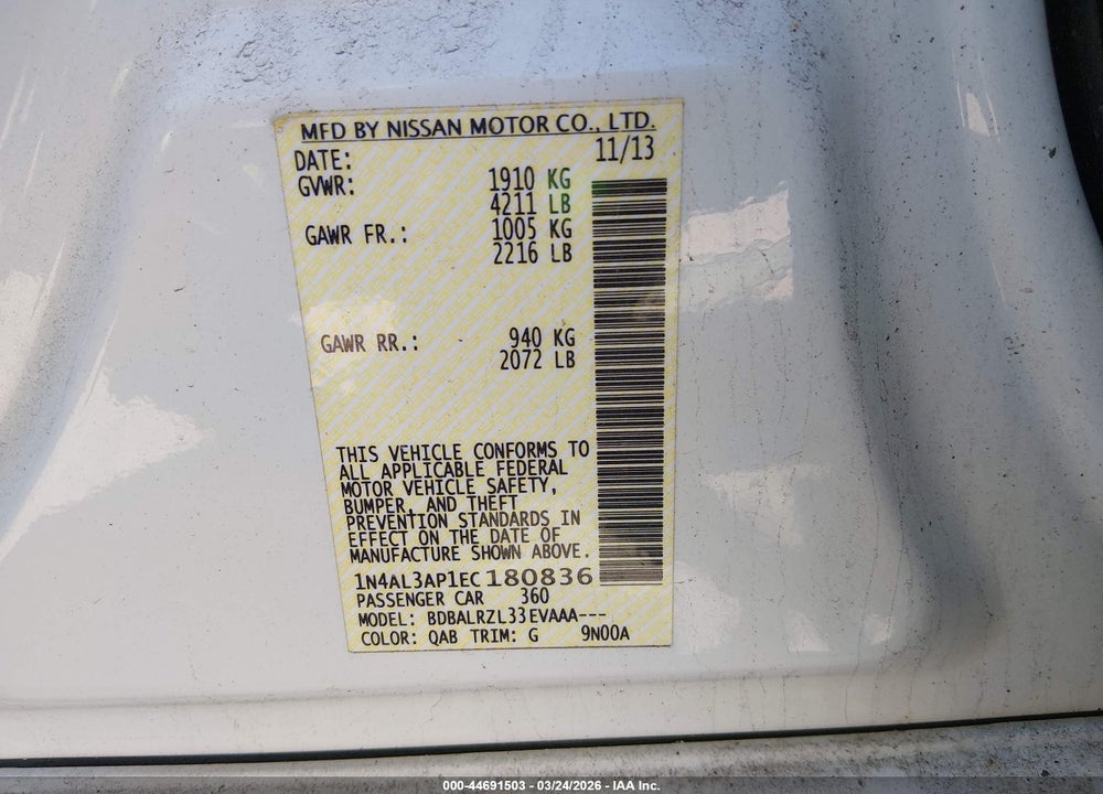 2014 NISSAN ALTIMA 2.5 S VIN: 1N4AL3AP1EC180836