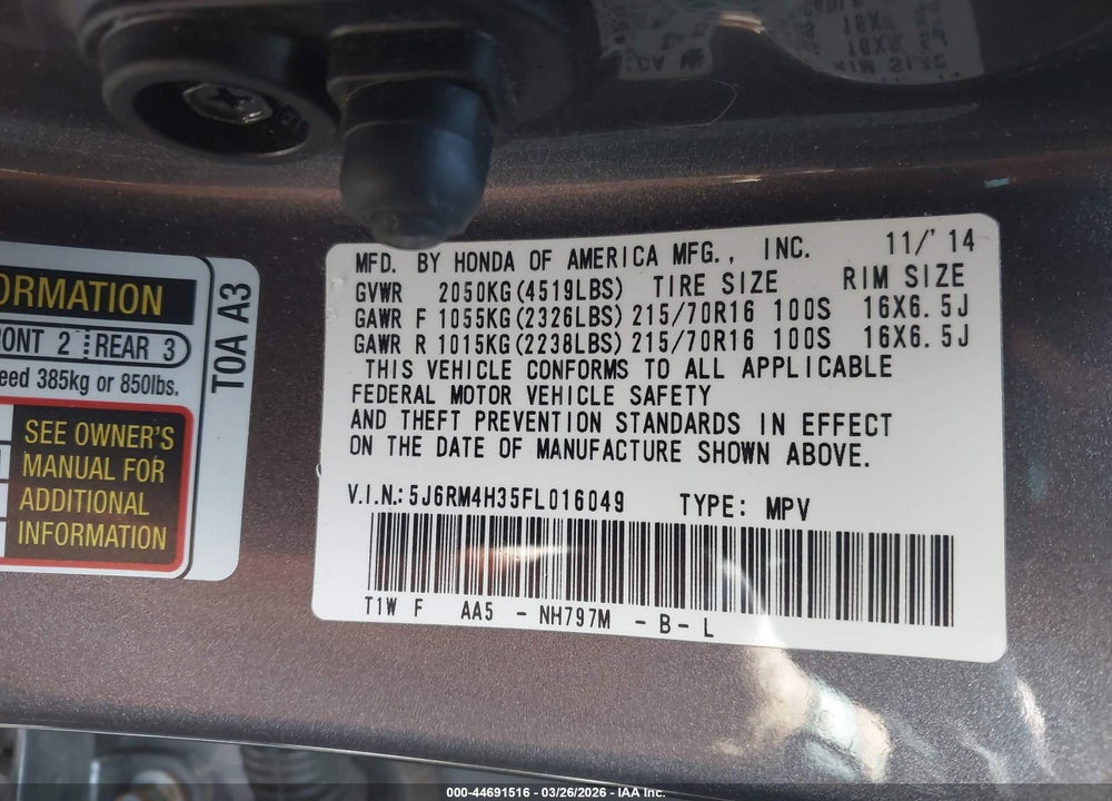 2015 HONDA CR-V LX VIN: 5J6RM4H35FL016049