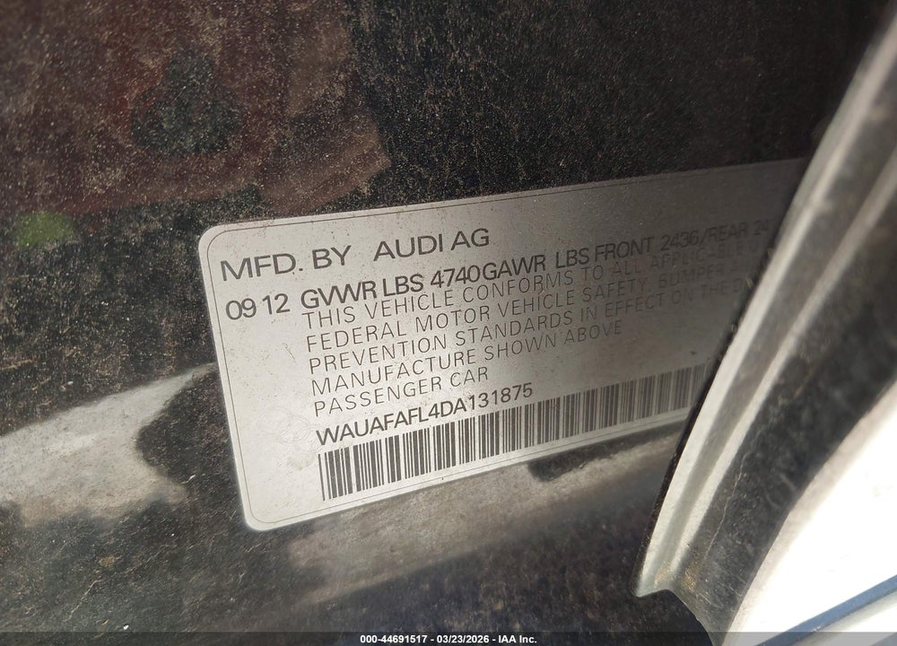 2013 AUDI A4 2.0T PREMIUM VIN: WAUAFAFL4DA131875