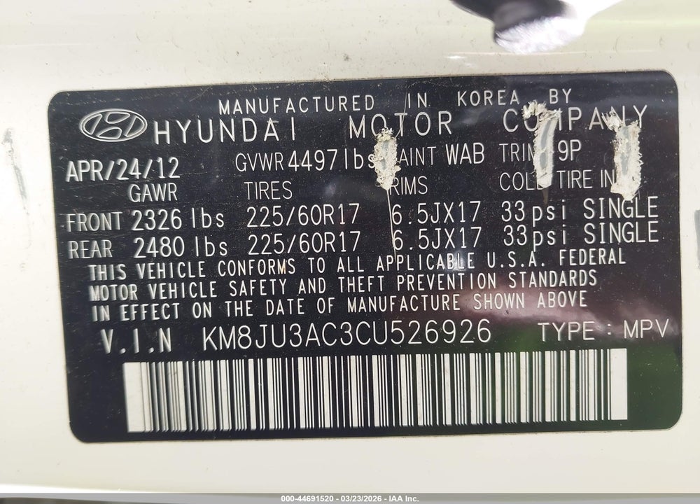 2012 HYUNDAI TUCSON GLS VIN: KM8JU3AC3CU526926