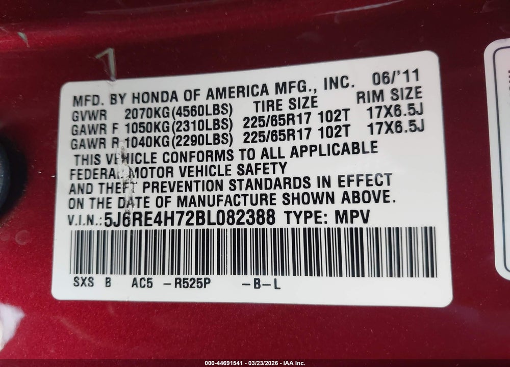 2011 HONDA CR-V EX-L VIN: 5J6RE4H72BL082388