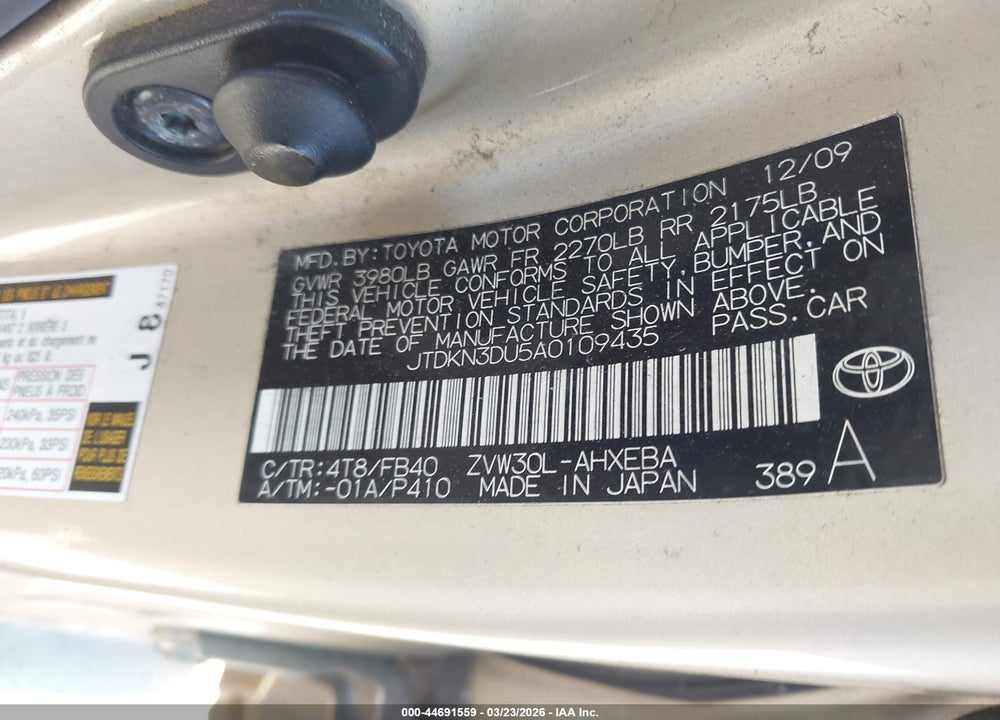 2010 TOYOTA PRIUS II VIN: JTDKN3DU5A0109435
