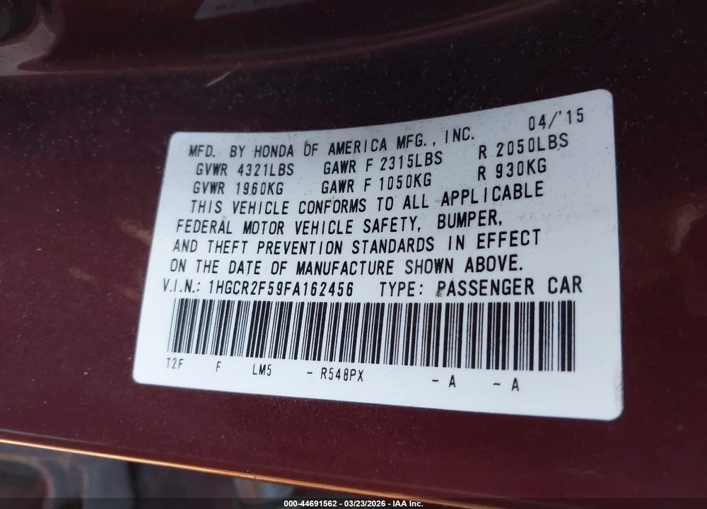 2015 HONDA ACCORD SPORT VIN: 1HGCR2F59FA162456
