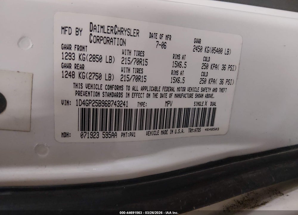 2006 DODGE CARAVAN SE VIN: 1D4GP25B96B743241