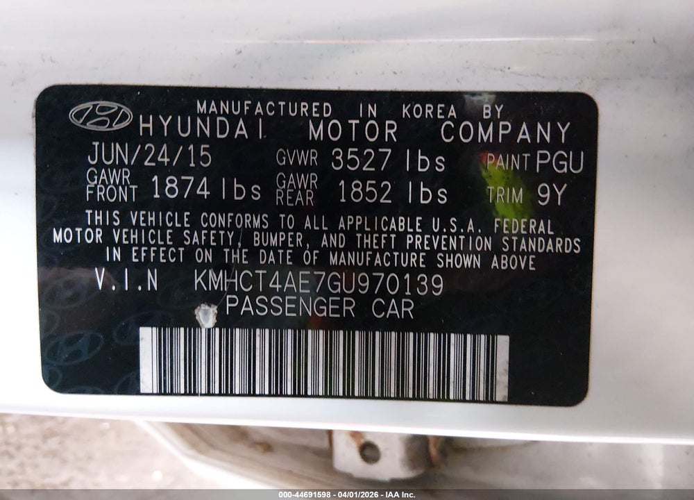2016 HYUNDAI ACCENT SE VIN: KMHCT4AE7GU970139