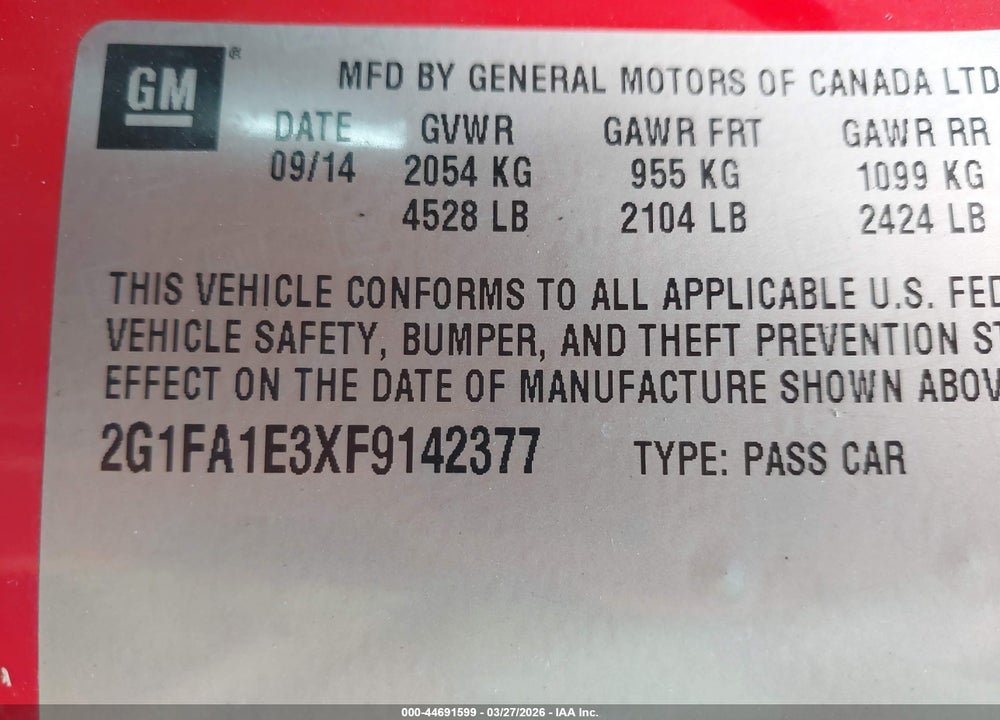 2015 CHEVROLET CAMARO 1LS VIN: 2G1FA1E3XF9142377