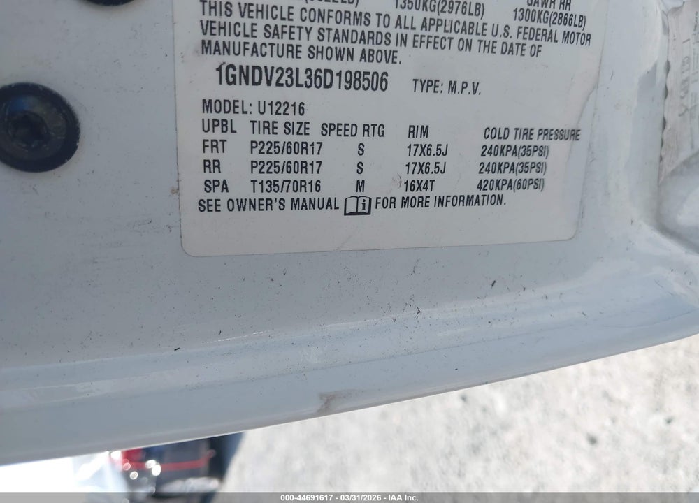 2006 CHEVROLET UPLANDER LS VIN: 1GNDV23L36D198506