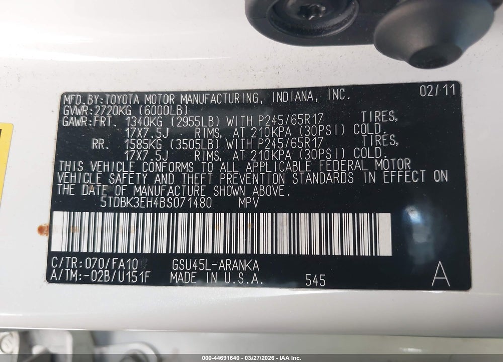2011 TOYOTA HIGHLANDER BASE V6 VIN: 5TDBK3EH4BS071480