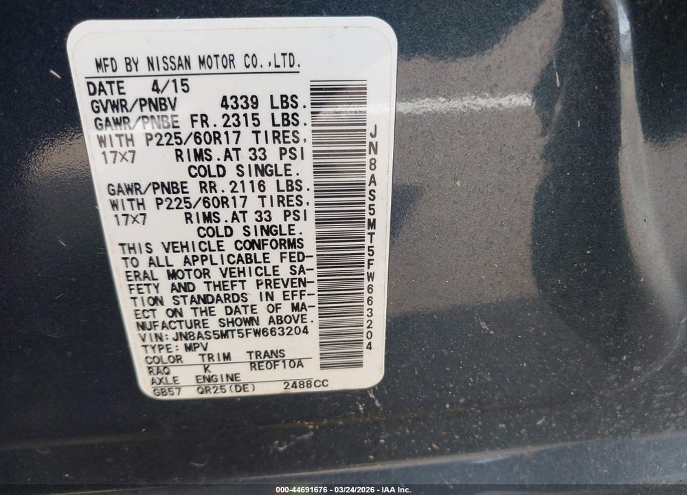 2015 NISSAN ROGUE SELECT S VIN: JN8AS5MT5FW663204