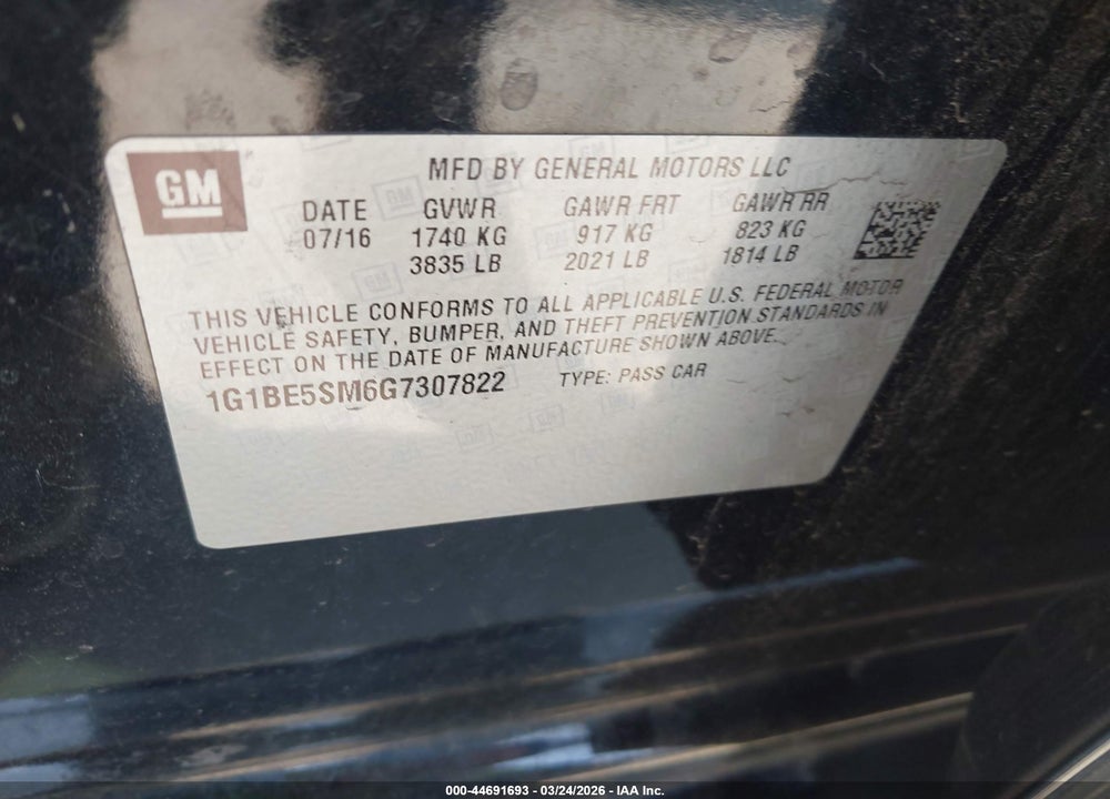 2016 CHEVROLET CRUZE LT AUTO VIN: 1G1BE5SM6G7307822
