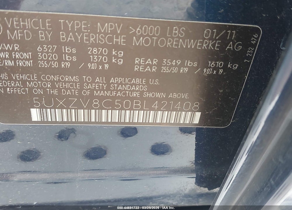 2011 BMW X5 50I VIN: 5UXZV8C50BL421408