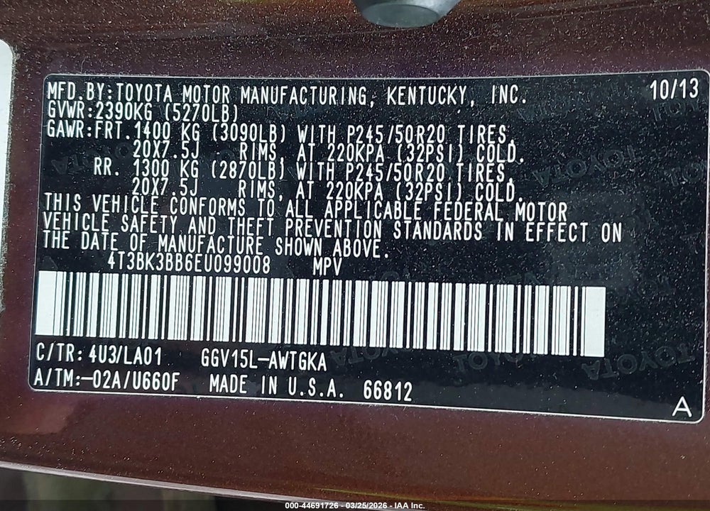 2014 TOYOTA VENZA XLE V6 VIN: 4T3BK3BB6EU099008