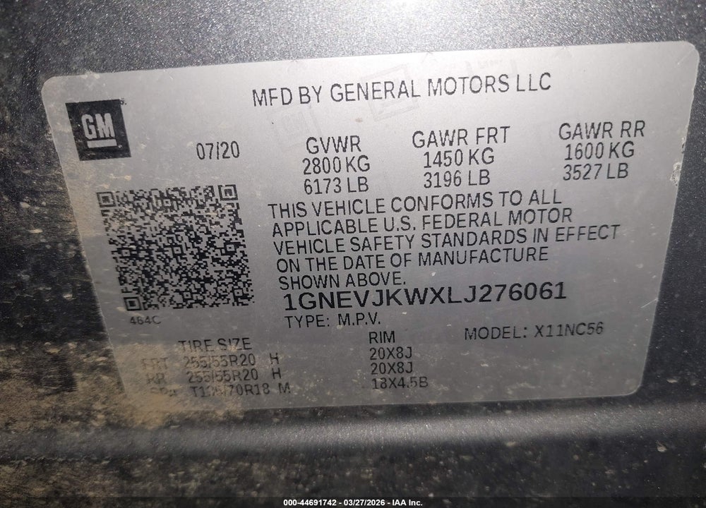 2020 CHEVROLET TRAVERSE AWD RS VIN: 1GNEVJKWXLJ276061