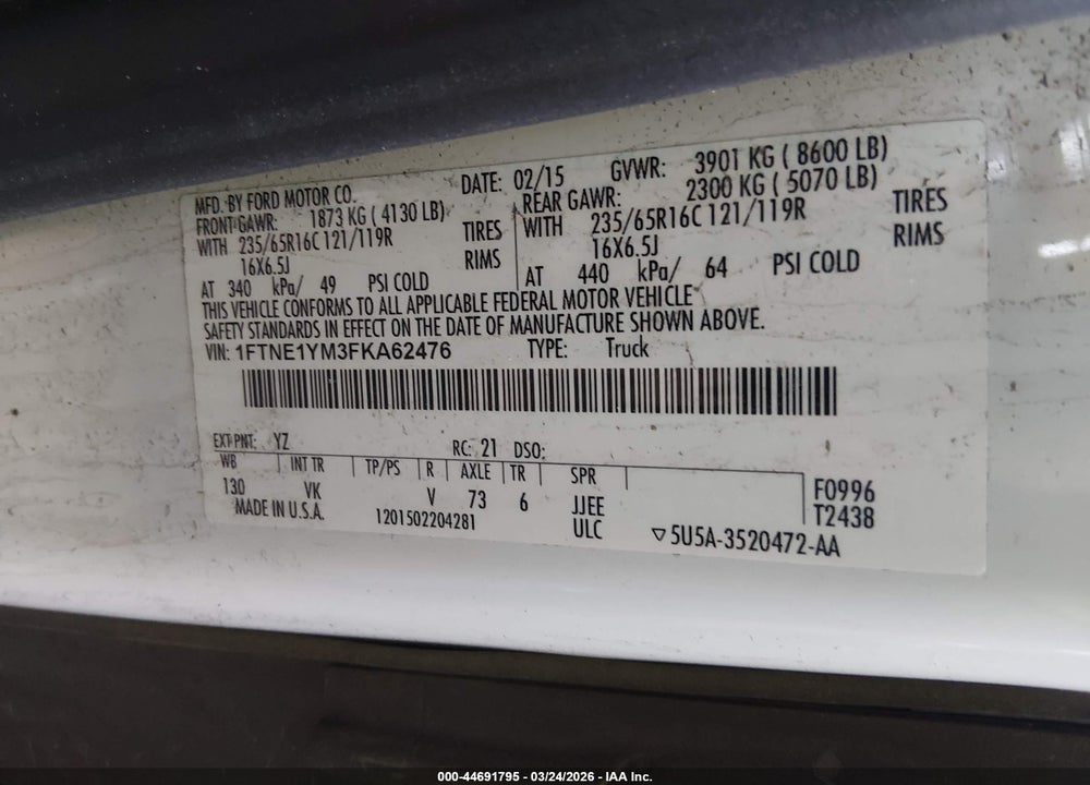 2015 FORD TRANSIT-150 VIN: 1FTNE1YM3FKA62476