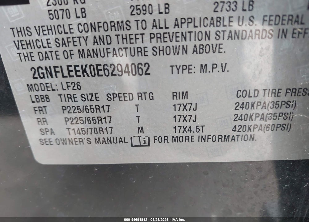 2014 CHEVROLET EQUINOX LS VIN: 2GNFLEEK0E6294062