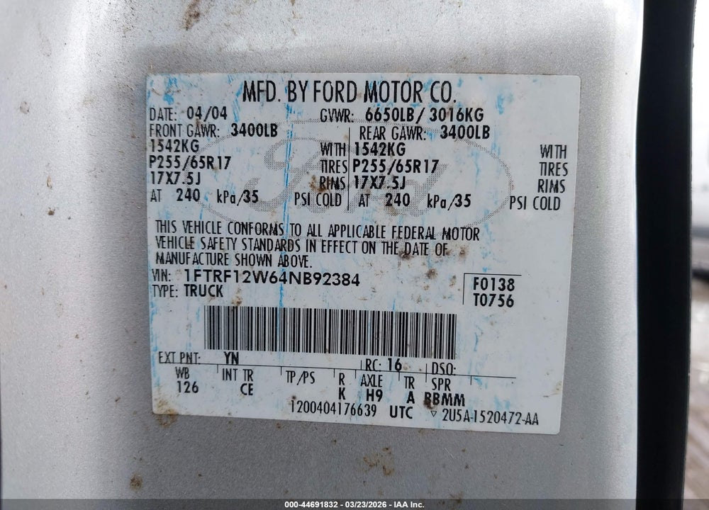 2004 FORD F-150 STX/XL/XLT VIN: 1FTRF12W64NB92384