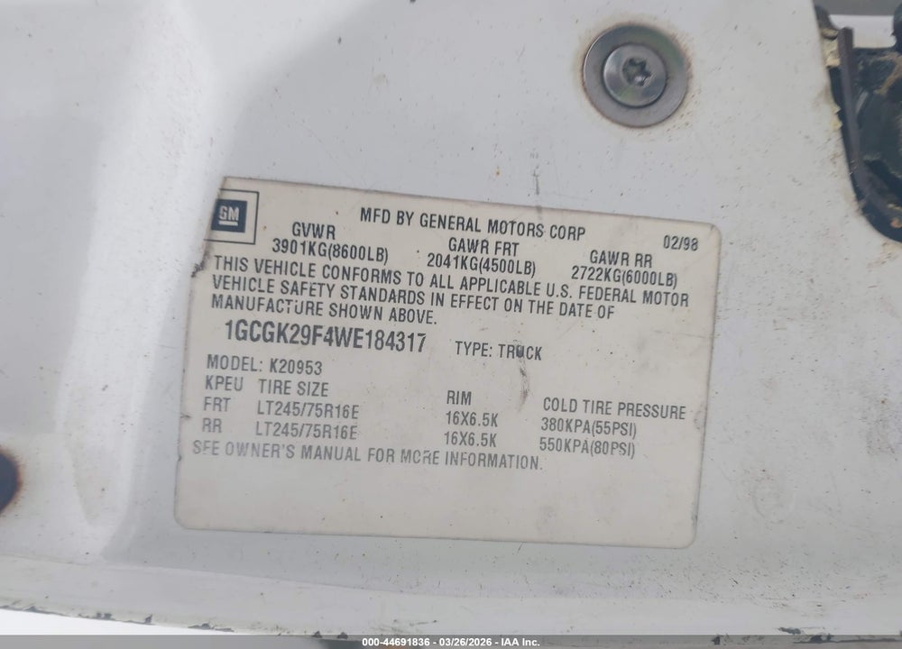 1998 CHEVROLET K2500 FLEETSIDE VIN: 1GCGK29F4WE184317