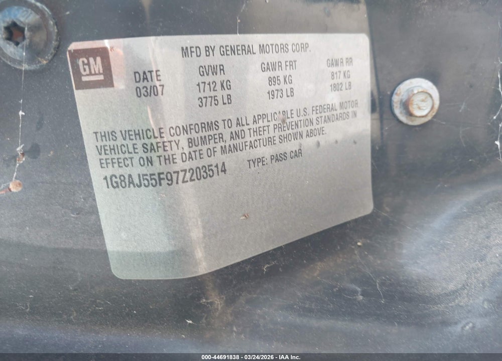 2007 SATURN ION 2 VIN: 1G8AJ55F97Z203514