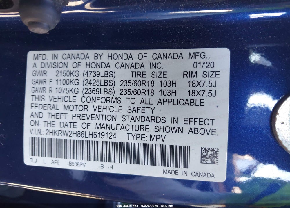 2020 HONDA CR-V AWD EX-L VIN: 2HKRW2H86LH619124