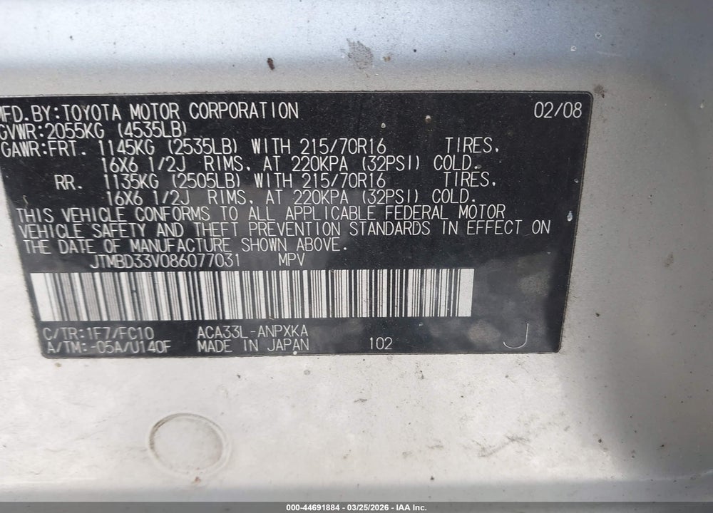 2008 TOYOTA RAV4 VIN: JTMBD33V086077031