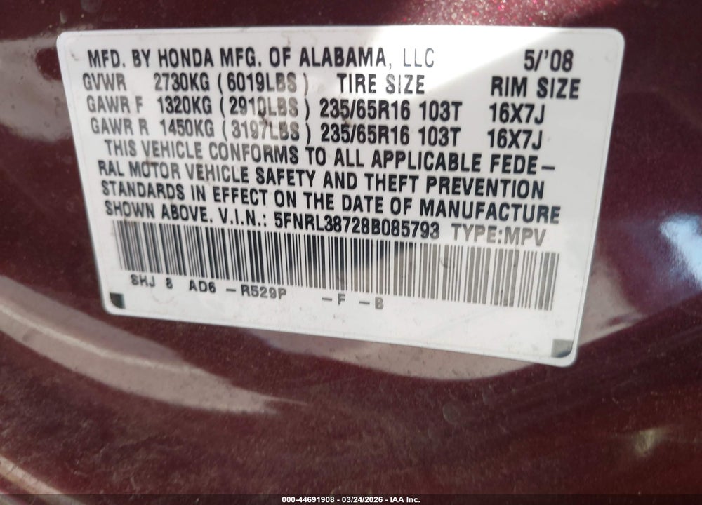 2008 HONDA ODYSSEY EX-L VIN: 5FNRL38728B085793