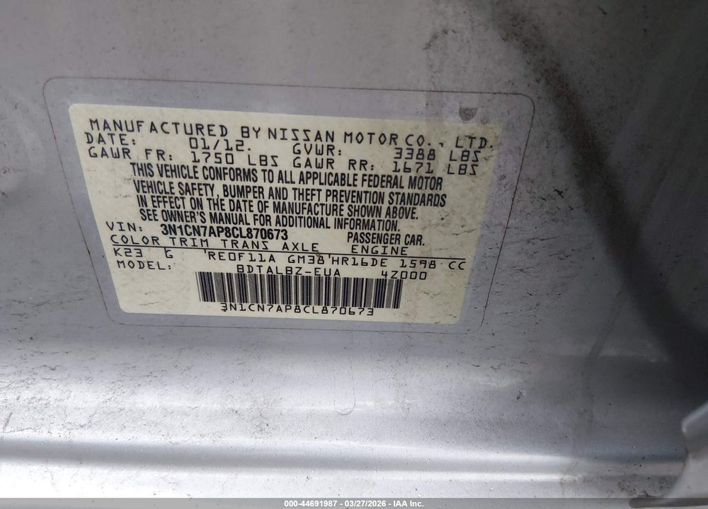 2012 NISSAN VERSA 1.6 SV VIN: 3N1CN7AP8CL870673