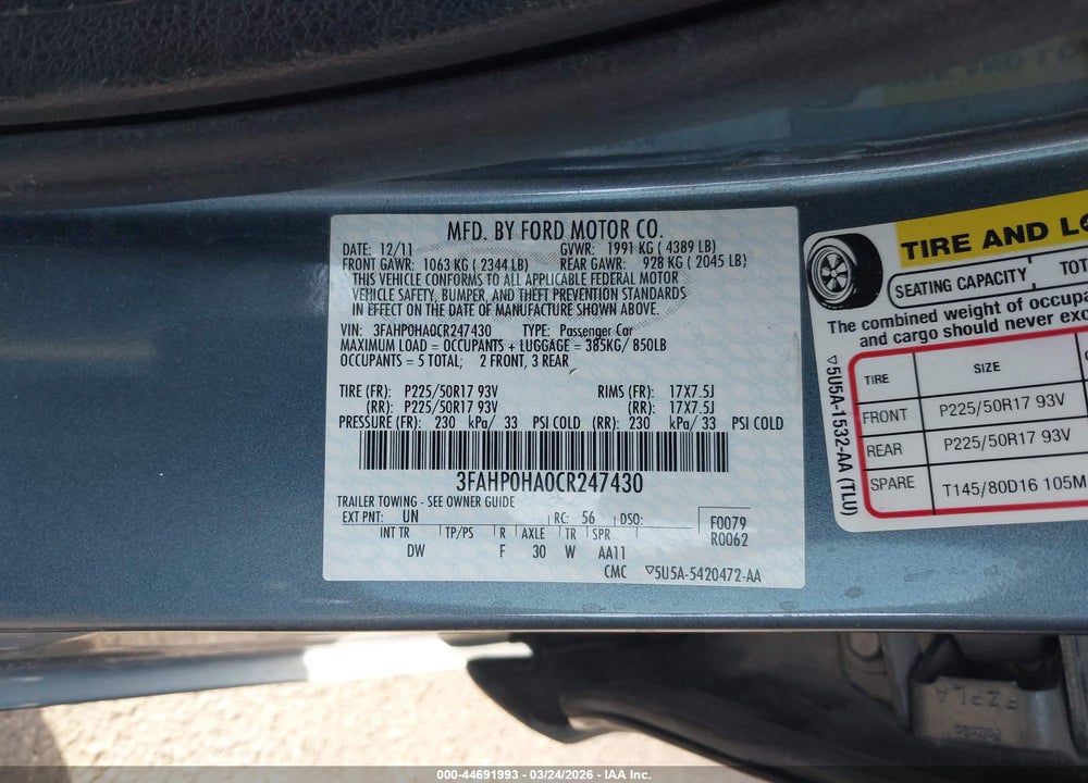 2012 FORD FUSION SE VIN: 3FAHP0HA0CR247430