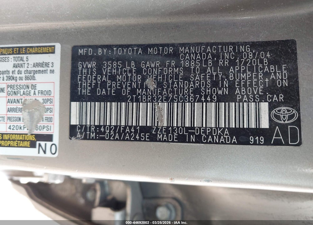 2005 TOYOTA COROLLA CE VIN: 2T1BR32E75C367449