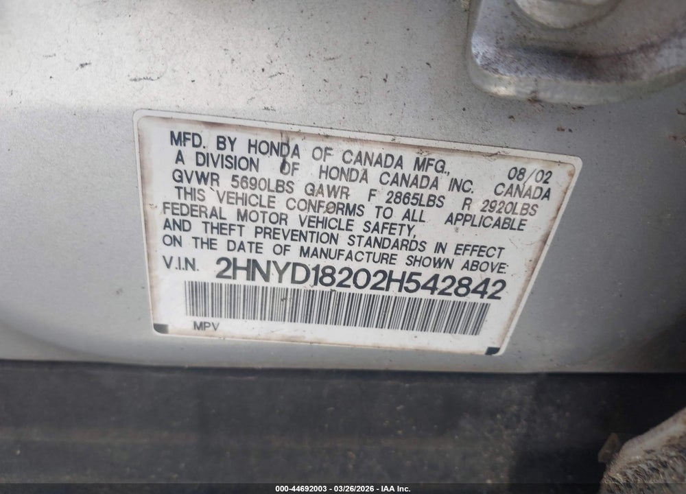 2002 ACURA MDX VIN: 2HNYD18202H542842