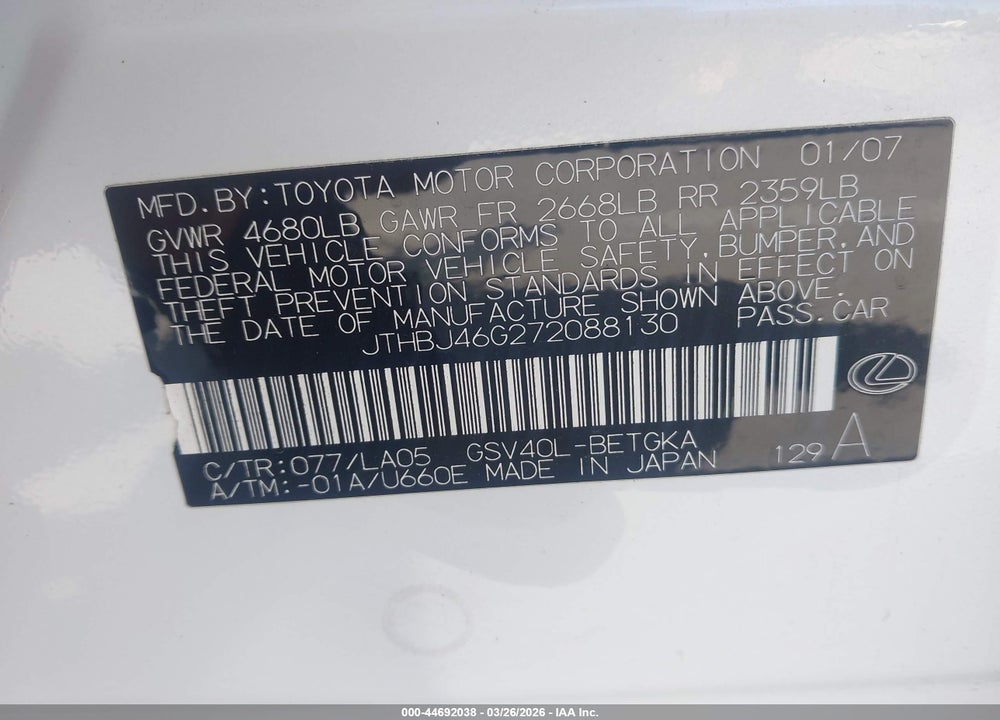 2007 LEXUS ES 350 VIN: JTHBJ46G272088130
