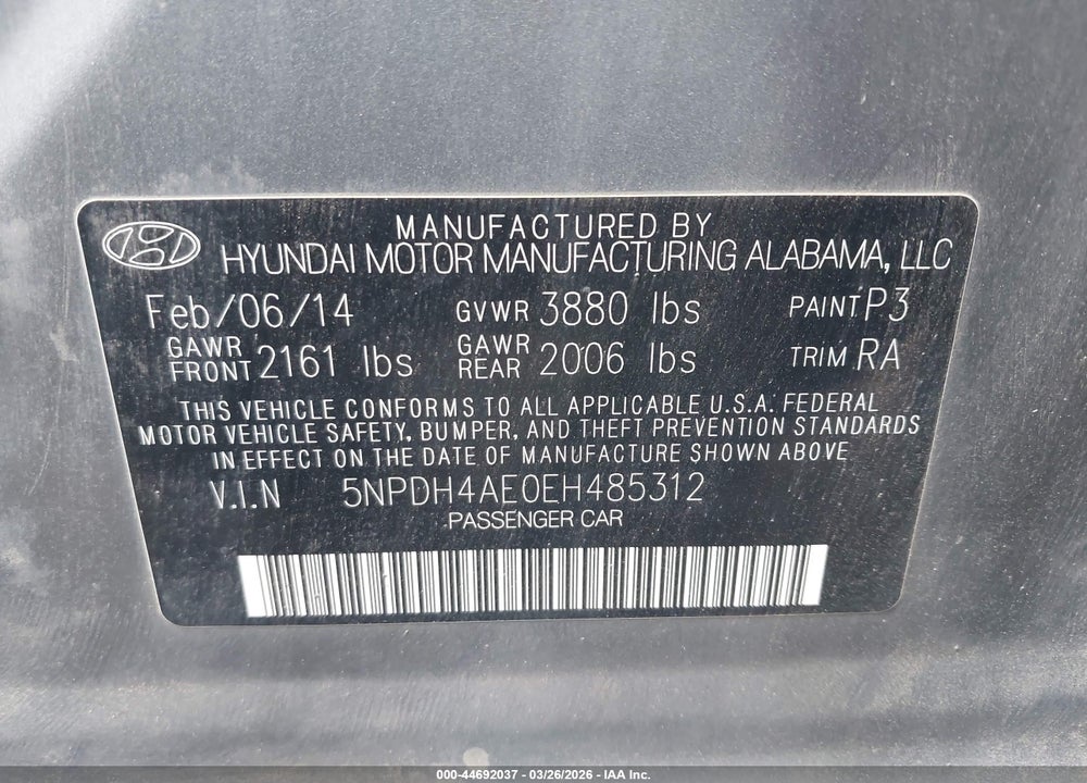 2014 HYUNDAI ELANTRA SE VIN: 5NPDH4AE0EH485312