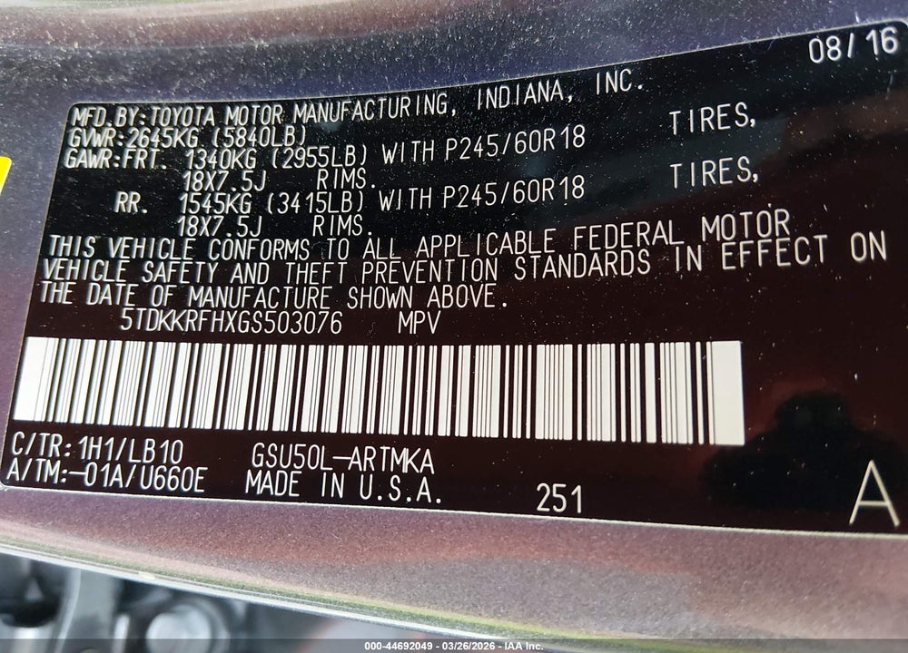2016 TOYOTA HIGHLANDER XLE V6 VIN: 5TDKKRFHXGS503076