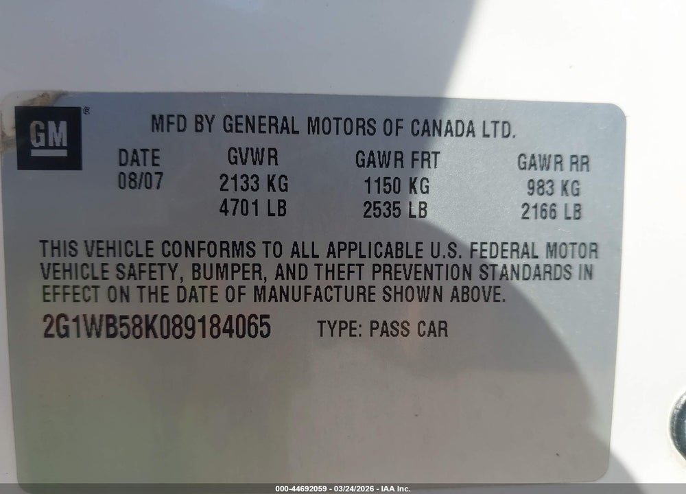 2008 CHEVROLET IMPALA LS VIN: 2G1WB58K089184065