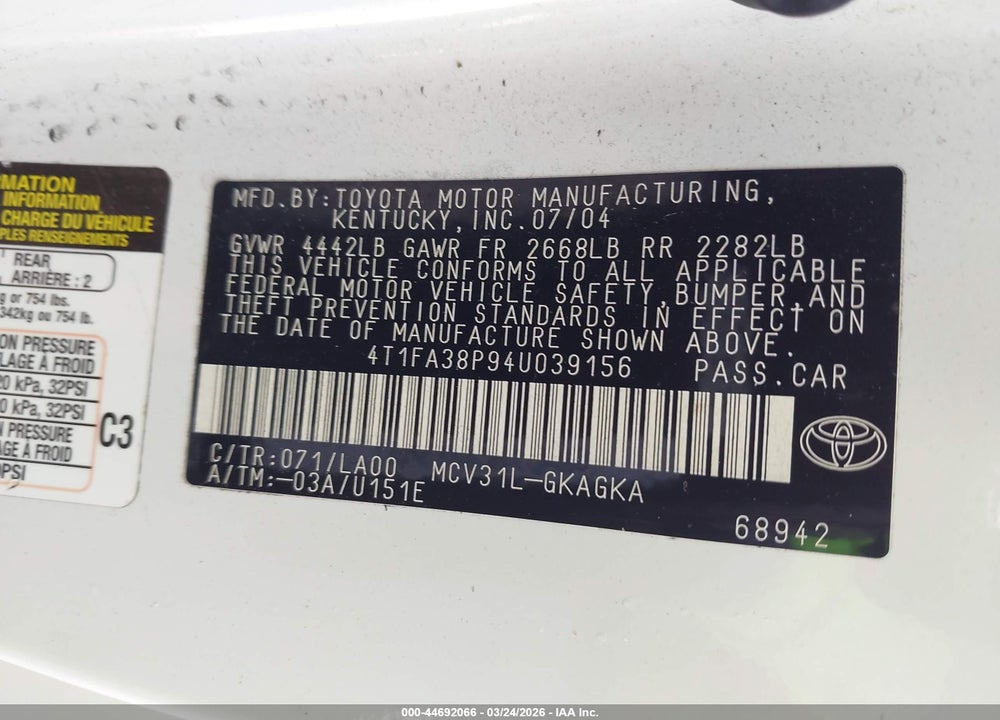 2004 TOYOTA CAMRY SOLARA SLE VIN: 4T1FA38P94U039156