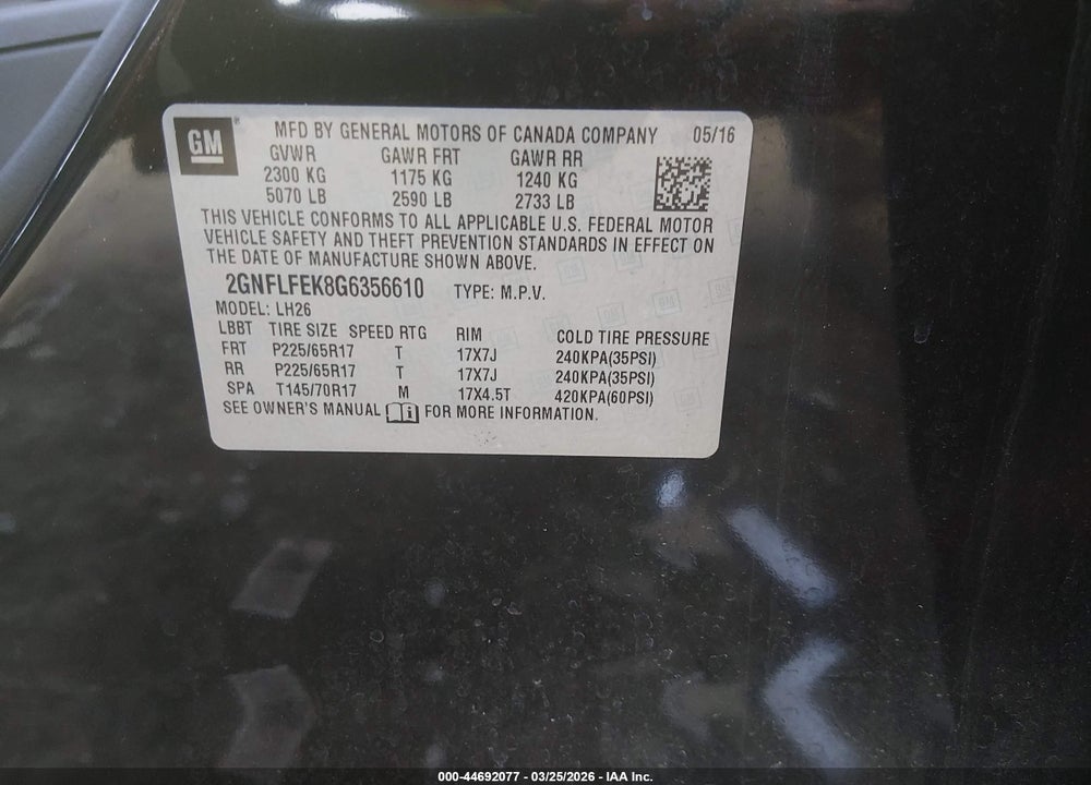 2016 CHEVROLET EQUINOX LT VIN: 2GNFLFEK8G6356610