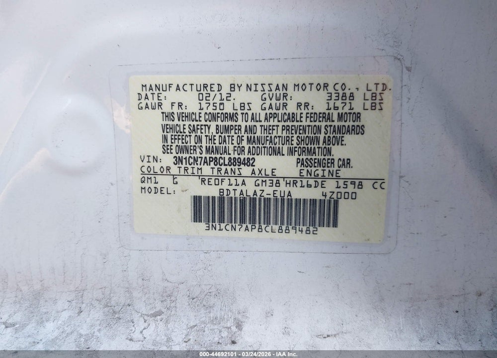 2012 NISSAN VERSA 1.6 S VIN: 3N1CN7AP8CL889482