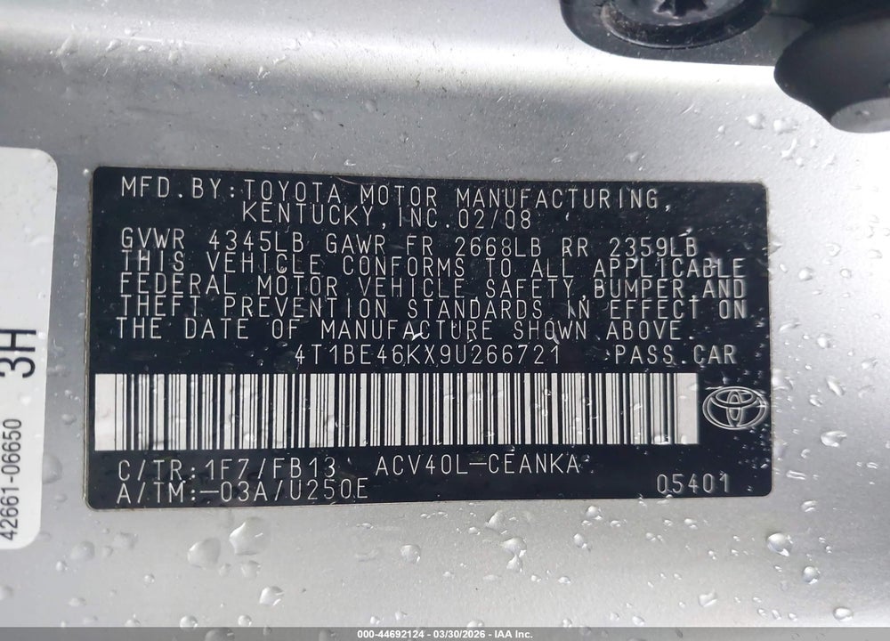 2009 TOYOTA CAMRY LE VIN: 4T1BE46KX9U266721