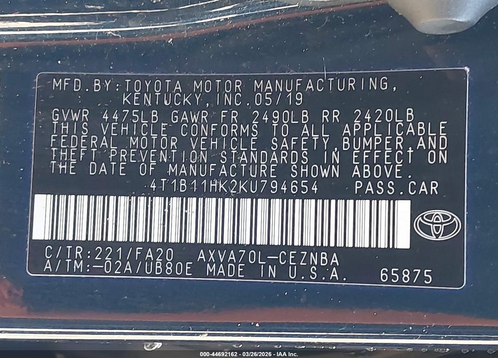 2019 TOYOTA CAMRY LE VIN: 4T1B11HK2KU794654