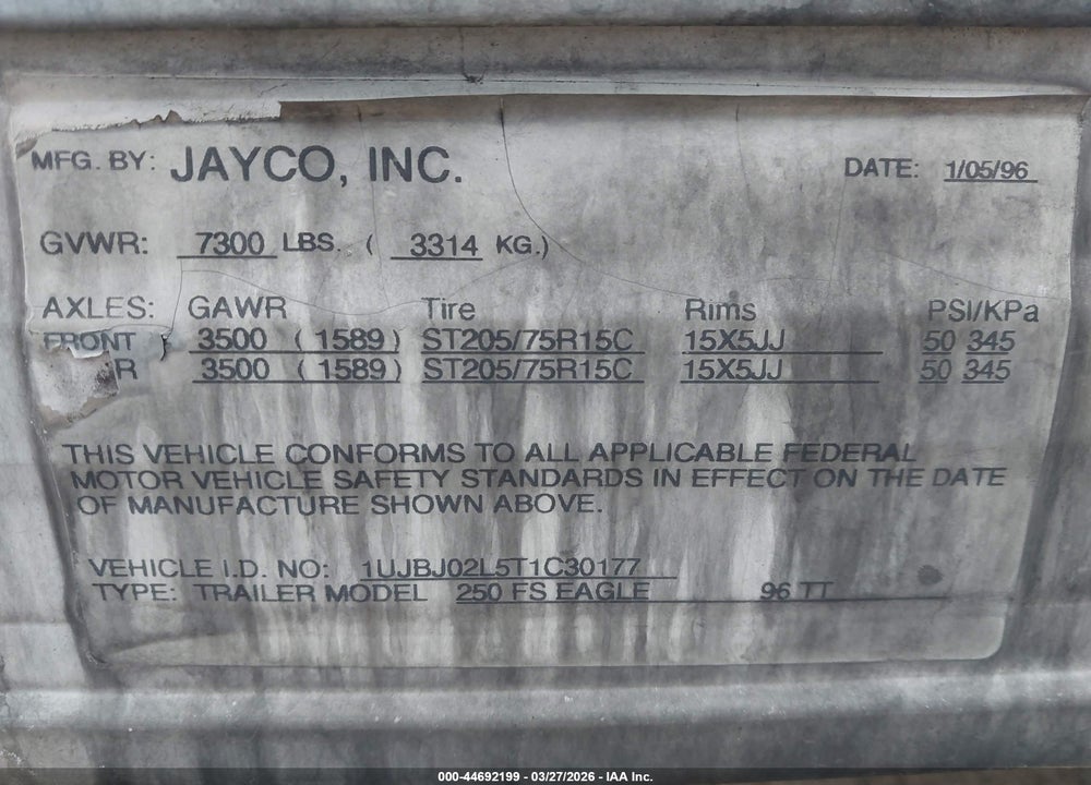 1996 JAYCO RV TRAILER VIN: 1UJBJ02L5T1C30177