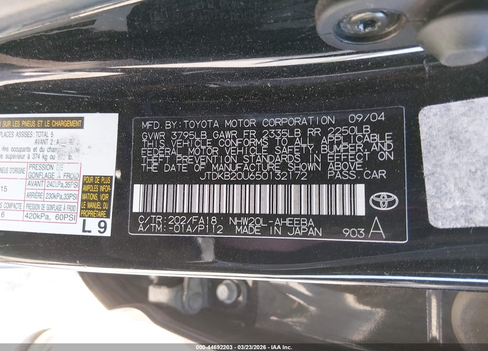 2005 TOYOTA PRIUS VIN: JTDKB20U650132172