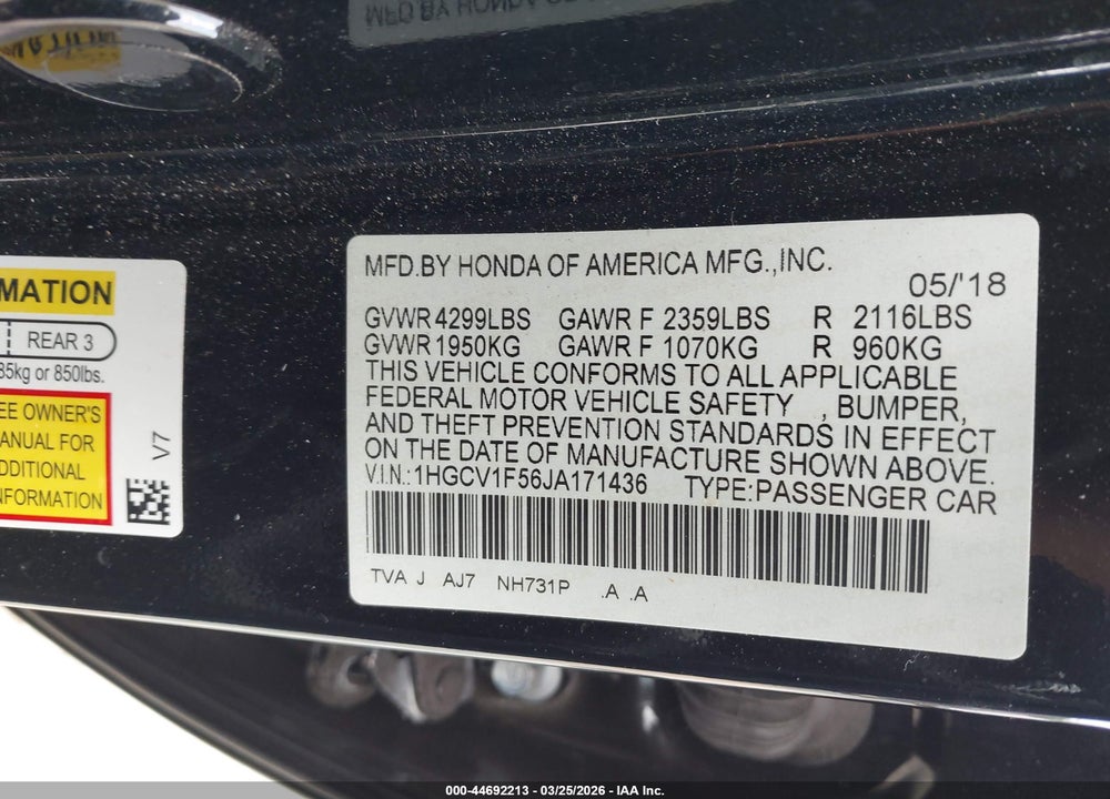 2018 HONDA ACCORD EX-L VIN: 1HGCV1F56JA171436