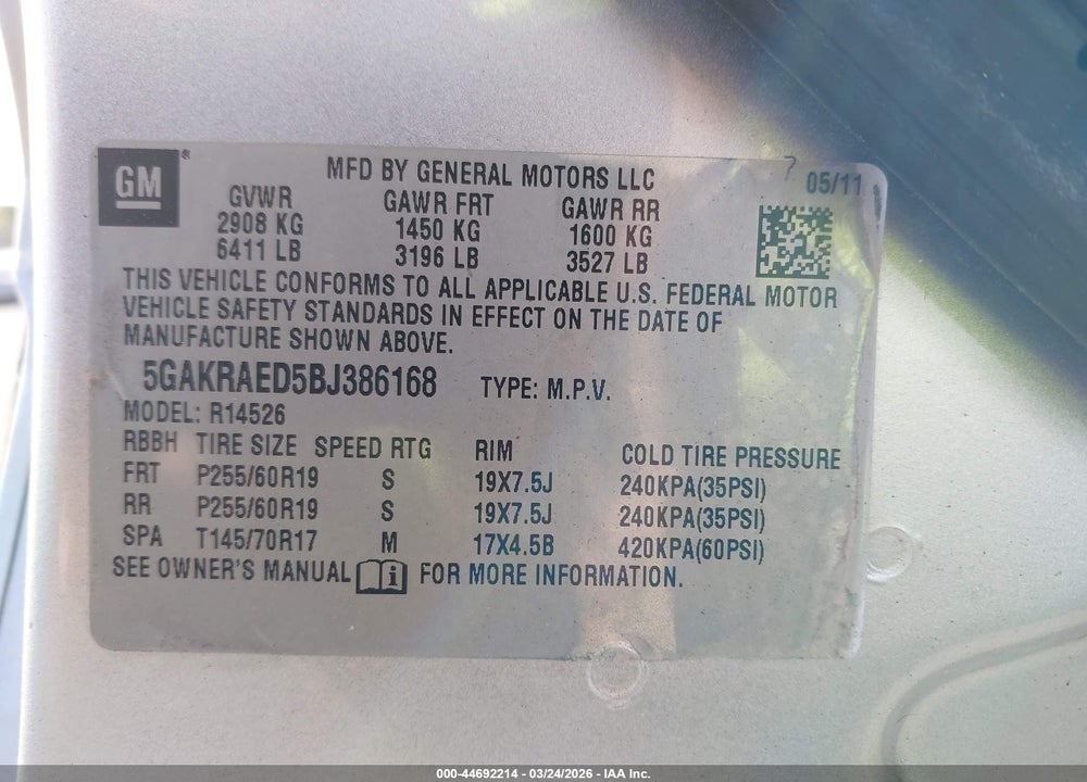 2011 BUICK ENCLAVE CX VIN: 5GAKRAED5BJ386168