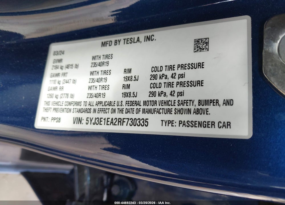 2024 TESLA MODEL 3 LONG RANGE DUAL MOTOR ALL-WHEEL DRIVE/REAR-WHEEL DRIVE VIN: 5YJ3E1EA2RF730335