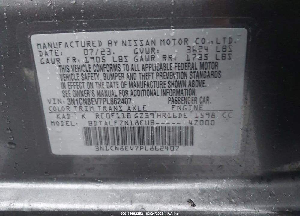 2023 NISSAN VERSA 1.6 SV XTRONIC CVT VIN: 3N1CN8EV7PL862407